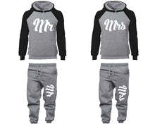 Load image into Gallery viewer, Mr and Mrs matching top and bottom set, Black Grey raglan hoodie and sweatpants sets for mens, raglan hoodie and jogger set womens. Matching couple joggers.