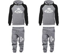 Load image into Gallery viewer, King and Queen matching top and bottom set, Black Grey raglan hoodie and sweatpants sets for mens, raglan hoodie and jogger set womens. Matching couple joggers.