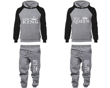 Load image into Gallery viewer, Her King and His Queen matching top and bottom set, Black Grey raglan hoodie and sweatpants sets for mens, raglan hoodie and jogger set womens. Matching couple joggers.