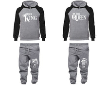 Load image into Gallery viewer, Her King and His Queen matching top and bottom set, Black Grey raglan hoodie and sweatpants sets for mens, raglan hoodie and jogger set womens. Matching couple joggers.