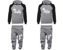 Load image into Gallery viewer, Hubby and Wifey matching top and bottom set, Black Grey raglan hoodie and sweatpants sets for mens, raglan hoodie and jogger set womens. Matching couple joggers.