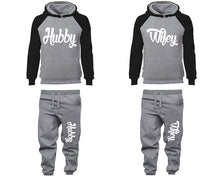 Load image into Gallery viewer, Hubby and Wifey matching top and bottom set, Black Grey raglan hoodie and sweatpants sets for mens, raglan hoodie and jogger set womens. Matching couple joggers.
