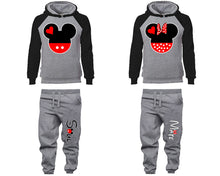 將圖片載入圖庫檢視器 Mickey Minnie matching top and bottom set, Black Grey raglan hoodie and sweatpants sets for mens, raglan hoodie and jogger set womens. Matching couple joggers.