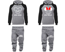 Load image into Gallery viewer, Her Jack and His Sally matching top and bottom set, Black Grey raglan hoodie and sweatpants sets for mens, raglan hoodie and jogger set womens. Matching couple joggers.