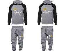 Load image into Gallery viewer, King and Queen matching top and bottom set, Black Grey raglan hoodie and sweatpants sets for mens, raglan hoodie and jogger set womens. Matching couple joggers.