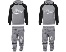 Load image into Gallery viewer, Her King His Queen matching top and bottom set, Black Grey raglan hoodie and sweatpants sets for mens, raglan hoodie and jogger set womens. Matching couple joggers.