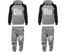 Load image into Gallery viewer, Her King and His Queen matching top and bottom set, Black Grey raglan hoodie and sweatpants sets for mens, raglan hoodie and jogger set womens. Matching couple joggers.