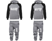Load image into Gallery viewer, Hubby and Wifey matching top and bottom set, Black Grey raglan hoodie and sweatpants sets for mens, raglan hoodie and jogger set womens. Matching couple joggers.
