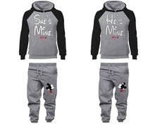 Load image into Gallery viewer, She's Mine He's Mine matching top and bottom set, Black Grey raglan hoodie and sweatpants sets for mens, raglan hoodie and jogger set womens. Matching couple joggers.