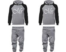Load image into Gallery viewer, Mr and Mrs matching top and bottom set, Black Grey raglan hoodie and sweatpants sets for mens, raglan hoodie and jogger set womens. Matching couple joggers.