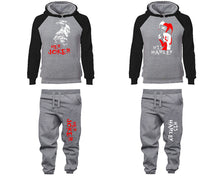 Load image into Gallery viewer, Her Joker and His Harley matching top and bottom set, Black Grey raglan hoodie and sweatpants sets for mens, raglan hoodie and jogger set womens. Matching couple joggers.