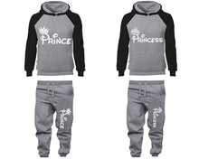 將圖片載入圖庫檢視器 Prince Princess matching top and bottom set, Black Grey raglan hoodie and sweatpants sets for mens, raglan hoodie and jogger set womens. Matching couple joggers.