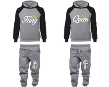 Load image into Gallery viewer, King and Queen matching top and bottom set, Black Grey raglan hoodie and sweatpants sets for mens, raglan hoodie and jogger set womens. Matching couple joggers.