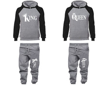 Load image into Gallery viewer, King and Queen matching top and bottom set, Black Grey raglan hoodie and sweatpants sets for mens, raglan hoodie and jogger set womens. Matching couple joggers.