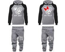 Load image into Gallery viewer, Her Jack and His Sally matching top and bottom set, Black Grey raglan hoodie and sweatpants sets for mens, raglan hoodie and jogger set womens. Matching couple joggers.