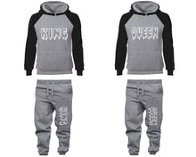 Load image into Gallery viewer, King and Queen matching top and bottom set, Black Grey raglan hoodie and sweatpants sets for mens, raglan hoodie and jogger set womens. Matching couple joggers.