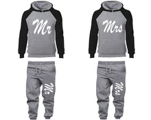 Load image into Gallery viewer, Mr and Mrs matching top and bottom set, Black Grey raglan hoodie and sweatpants sets for mens, raglan hoodie and jogger set womens. Matching couple joggers.