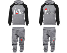 Load image into Gallery viewer, Mr Mrs matching top and bottom set, Black Grey raglan hoodie and sweatpants sets for mens, raglan hoodie and jogger set womens. Matching couple joggers.