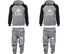 Load image into Gallery viewer, King and Queen matching top and bottom set, Black Grey raglan hoodie and sweatpants sets for mens, raglan hoodie and jogger set womens. Matching couple joggers.