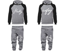 Load image into Gallery viewer, Hubby Wifey matching top and bottom set, Black Grey raglan hoodie and sweatpants sets for mens, raglan hoodie and jogger set womens. Matching couple joggers.