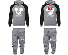 Load image into Gallery viewer, Her Jack and His Sally matching top and bottom set, Black Grey raglan hoodie and sweatpants sets for mens, raglan hoodie and jogger set womens. Matching couple joggers.