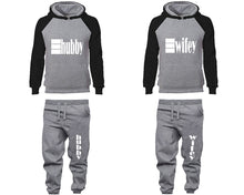 Load image into Gallery viewer, Hubby and Wifey matching top and bottom set, Black Grey raglan hoodie and sweatpants sets for mens, raglan hoodie and jogger set womens. Matching couple joggers.
