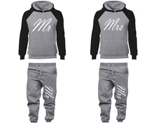 Load image into Gallery viewer, Mr and Mrs matching top and bottom set, Black Grey raglan hoodie and sweatpants sets for mens, raglan hoodie and jogger set womens. Matching couple joggers.