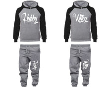 Load image into Gallery viewer, Hubby and Wifey matching top and bottom set, Black Grey raglan hoodie and sweatpants sets for mens, raglan hoodie and jogger set womens. Matching couple joggers.