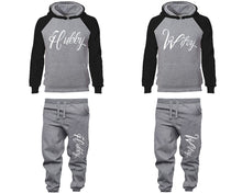 Load image into Gallery viewer, Hubby and Wifey matching top and bottom set, Black Grey raglan hoodie and sweatpants sets for mens, raglan hoodie and jogger set womens. Matching couple joggers.