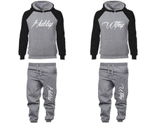Load image into Gallery viewer, Hubby and Wifey matching top and bottom set, Black Grey raglan hoodie and sweatpants sets for mens, raglan hoodie and jogger set womens. Matching couple joggers.