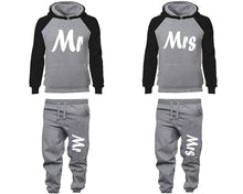 Load image into Gallery viewer, Mr and Mrs matching top and bottom set, Black Grey raglan hoodie and sweatpants sets for mens, raglan hoodie and jogger set womens. Matching couple joggers.
