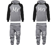 Load image into Gallery viewer, Mr and Mrs matching top and bottom set, Black Grey raglan hoodie and sweatpants sets for mens, raglan hoodie and jogger set womens. Matching couple joggers.