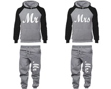 Load image into Gallery viewer, Mr and Mrs matching top and bottom set, Black Grey raglan hoodie and sweatpants sets for mens, raglan hoodie and jogger set womens. Matching couple joggers.