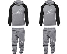 Load image into Gallery viewer, Mr and Mrs matching top and bottom set, Black Grey raglan hoodie and sweatpants sets for mens, raglan hoodie and jogger set womens. Matching couple joggers.