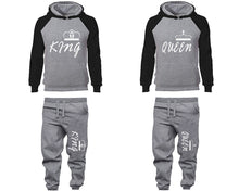 Load image into Gallery viewer, King and Queen matching top and bottom set, Black Grey raglan hoodie and sweatpants sets for mens, raglan hoodie and jogger set womens. Matching couple joggers.