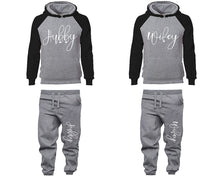 Load image into Gallery viewer, Hubby and Wifey matching top and bottom set, Black Grey raglan hoodie and sweatpants sets for mens, raglan hoodie and jogger set womens. Matching couple joggers.