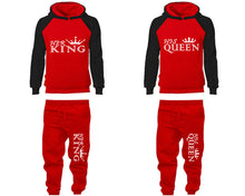 Load image into Gallery viewer, Her King and His Queen matching top and bottom set, Black Red raglan hoodie and sweatpants sets for mens, raglan hoodie and jogger set womens. Matching couple joggers.