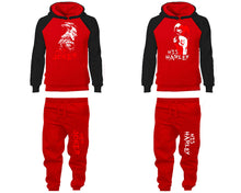 Load image into Gallery viewer, Her Joker and His Harley matching top and bottom set, Black Red raglan hoodie and sweatpants sets for mens, raglan hoodie and jogger set womens. Matching couple joggers.