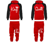 Load image into Gallery viewer, King Queen matching top and bottom set, Black Red raglan hoodie and sweatpants sets for mens, raglan hoodie and jogger set womens. Matching couple joggers.