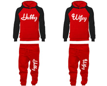Load image into Gallery viewer, Hubby and Wifey matching top and bottom set, Black Red raglan hoodie and sweatpants sets for mens, raglan hoodie and jogger set womens. Matching couple joggers.