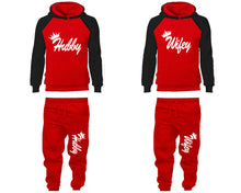 Load image into Gallery viewer, Hubby and Wifey matching top and bottom set, Black Red raglan hoodie and sweatpants sets for mens, raglan hoodie and jogger set womens. Matching couple joggers.