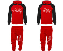 Load image into Gallery viewer, Hubby and Wifey matching top and bottom set, Black Red raglan hoodie and sweatpants sets for mens, raglan hoodie and jogger set womens. Matching couple joggers.