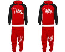 Load image into Gallery viewer, Hubby and Wifey matching top and bottom set, Black Red raglan hoodie and sweatpants sets for mens, raglan hoodie and jogger set womens. Matching couple joggers.