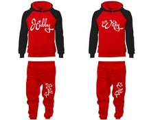 Load image into Gallery viewer, Hubby and Wifey matching top and bottom set, Black Red raglan hoodie and sweatpants sets for mens, raglan hoodie and jogger set womens. Matching couple joggers.
