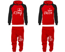 Load image into Gallery viewer, King and Queen matching top and bottom set, Black Red raglan hoodie and sweatpants sets for mens, raglan hoodie and jogger set womens. Matching couple joggers.