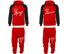 Load image into Gallery viewer, King and Queen matching top and bottom set, Black Red raglan hoodie and sweatpants sets for mens, raglan hoodie and jogger set womens. Matching couple joggers.
