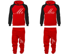 Load image into Gallery viewer, Mr and Mrs matching top and bottom set, Black Red raglan hoodie and sweatpants sets for mens, raglan hoodie and jogger set womens. Matching couple joggers.
