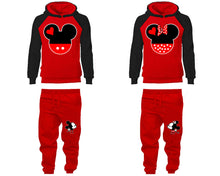 Load image into Gallery viewer, Mickey Minnie matching top and bottom set, Black Red raglan hoodie and sweatpants sets for mens, raglan hoodie and jogger set womens. Matching couple joggers.