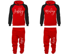 Load image into Gallery viewer, Hubby and Wifey matching top and bottom set, Black Red raglan hoodie and sweatpants sets for mens, raglan hoodie and jogger set womens. Matching couple joggers.