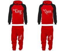 Load image into Gallery viewer, Her King and His Queen matching top and bottom set, Black Red raglan hoodie and sweatpants sets for mens, raglan hoodie and jogger set womens. Matching couple joggers.